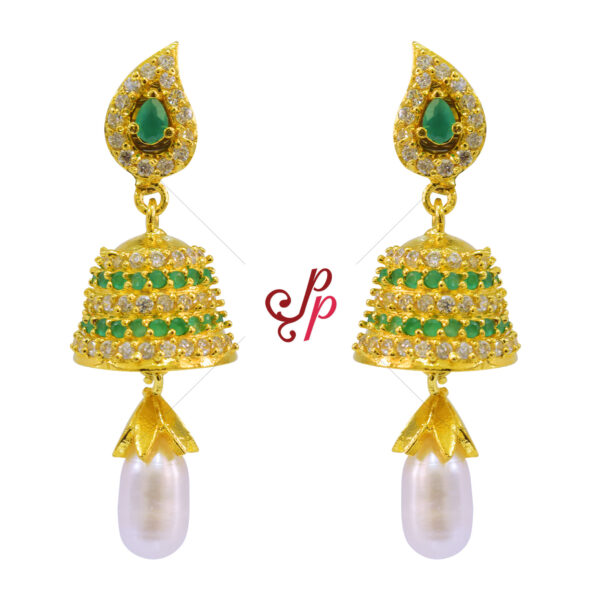 Pearl Jhumkas with pearl drops and semi-precious emeralds