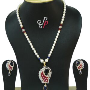 Pretty pearl necklace set in maroon meenakari and ink blue stone pendant