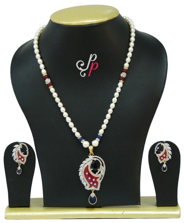 Pretty pearl necklace set in maroon meenakari and ink blue stone pendant