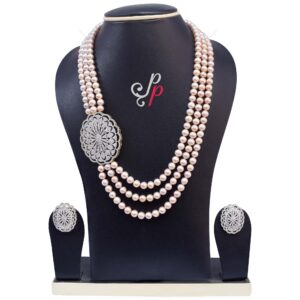 Stunningly Beautiful 3 Lines Pink Pearl Set in Large Side Pendant