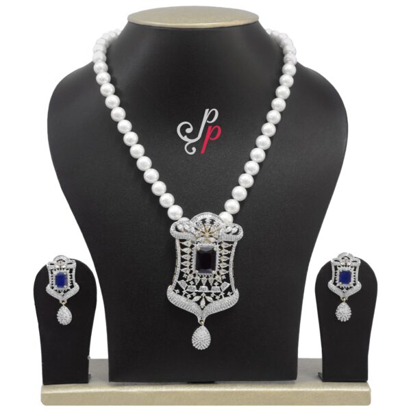 Stylish Pearl Necklace Set from Hyderabad in Sapphire Pronged Pendant