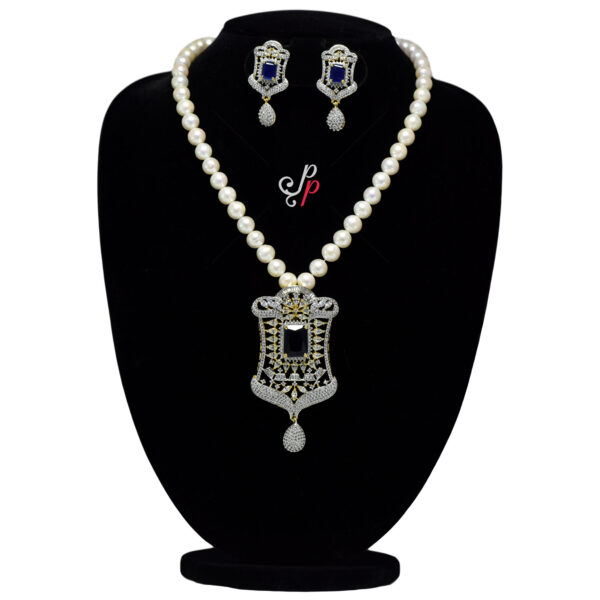 Stylish Pearl Necklace Set from Hyderabad in Sapphire Pronged Pendant
