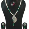 Stylish pearl necklace set in green kemp stones