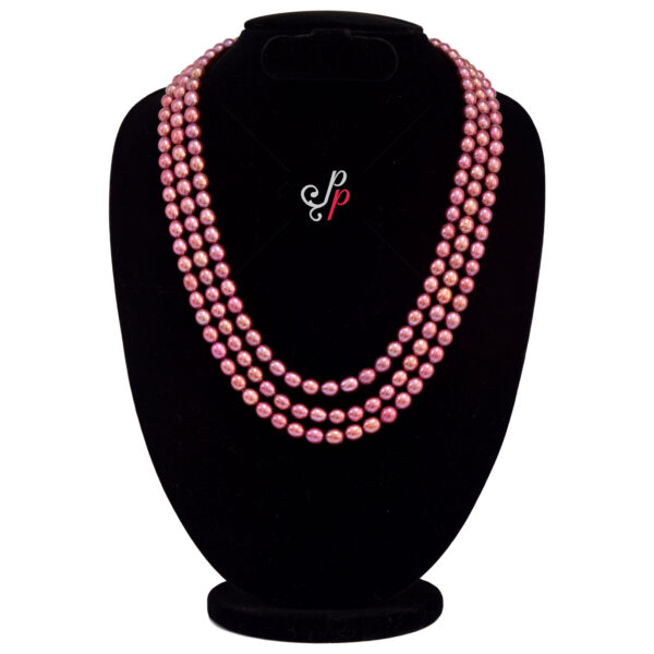 Trendy 3 Lines Long Pearl necklace in Bright Magenta Colour Pearls