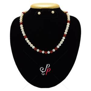 Simple Necklace Set with Corals and 8mm Round White Pearls