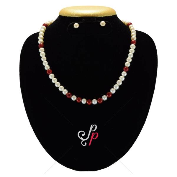 Simple Necklace Set with Corals and 8mm Round White Pearls