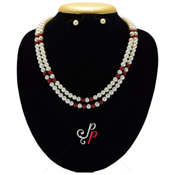 2 Lines Coral and Pearl Necklace in 7mm Round White Pearls