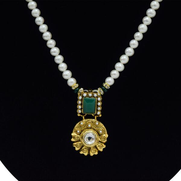 Traditional Indian Polki Style - Pearl Set in Emerald Pendant Set - close up