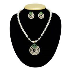 Beautiful Pearl Necklace Set in Zircons and Emeralds