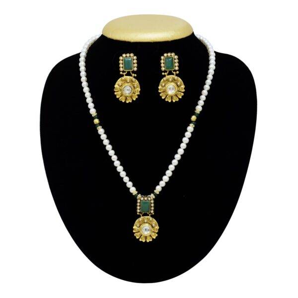 Traditional Indian Polki Style - Pearl Set in Emerald Pendant Set