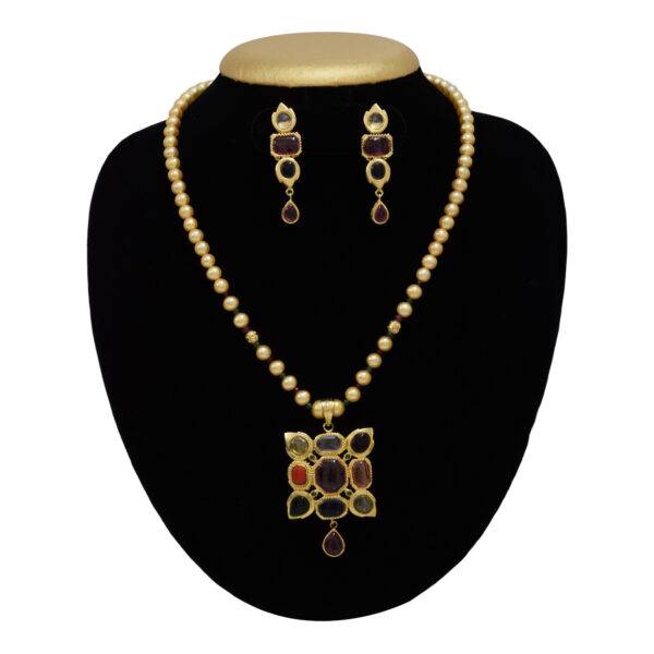 Gujarati Styled - Pearl Necklace Set in Nav Ratan Type Pendant