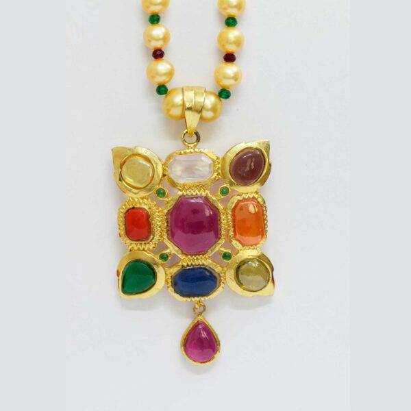 Gujarati Styled - Pearl Necklace Set in Nav Ratan Type Pendant
