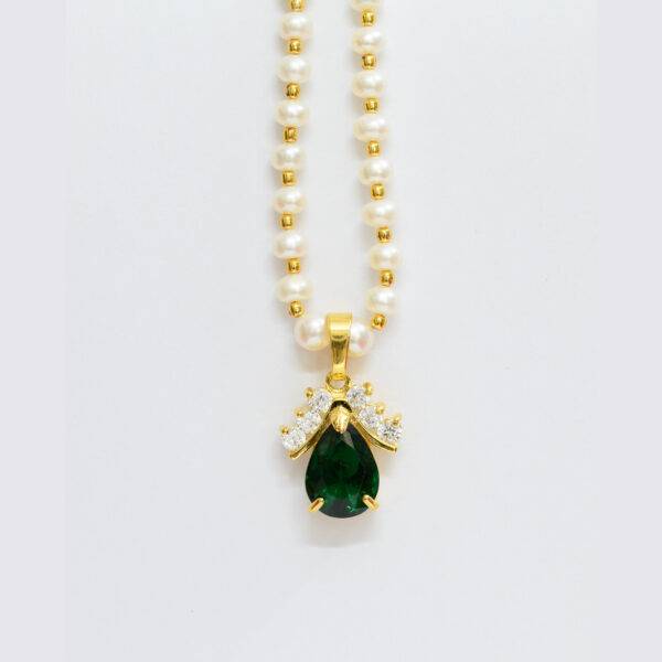 Pretty Pearl Set in Emerald Green Coloured Stone Pendant