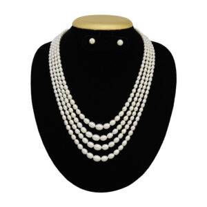 4mm to 10mm long, Oval Shaped, Graded White Pearl Necklace Set in 4 Lines.
