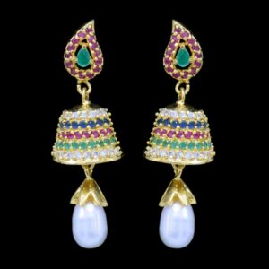 Beautiful Pearl Jhumkas in Rubies, Emeralds and American Diamonds - Style 1