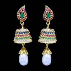 Beautiful Pearl Jhumkas in Rubies, Emeralds and American Diamonds - Style 1