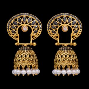 Traditional South Indian Pearl Jhumkas in Black Onyx Stones