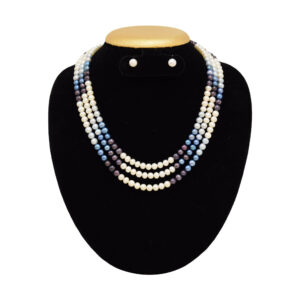 Very Stylish 3 Lines Pearl Necklace Set with White and Blue Pearls