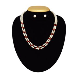 2 Lines Pearl and Coral Necklace in 5mm Half Round Pearls