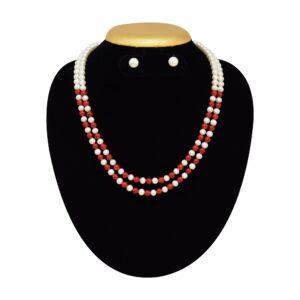 2 Lines Pretty and Shiny Pearl and Coral Necklace in 5.5mm Round Pearls