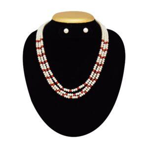 3 Lines Pearl and Coral Necklace in 5mm Half Round Pearls