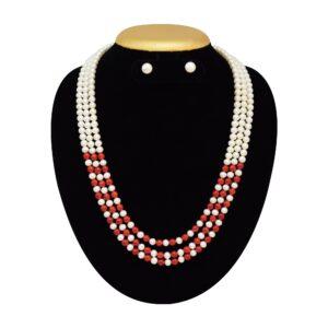 3 Lines Pearls and Coral Necklace set in Extraordinary 5mm Round Pearls