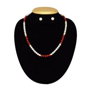 Pretty and Shiny Pearl and Coral Necklace in 5.5mm Round Pearls