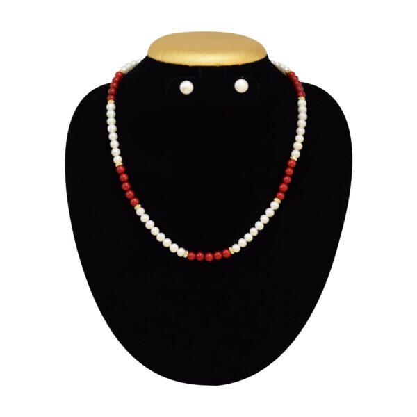 Pretty and Shiny Pearl and Coral Necklace in 5.5mm Round Pearls