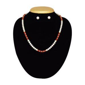 Pretty and Shiny Pearl and Coral Necklace in 5.5mm Round Pearls - Design 2