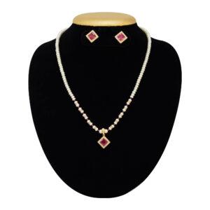 Pearl Set in Small 3mm White Roundish Pearls and Ruby Pendant