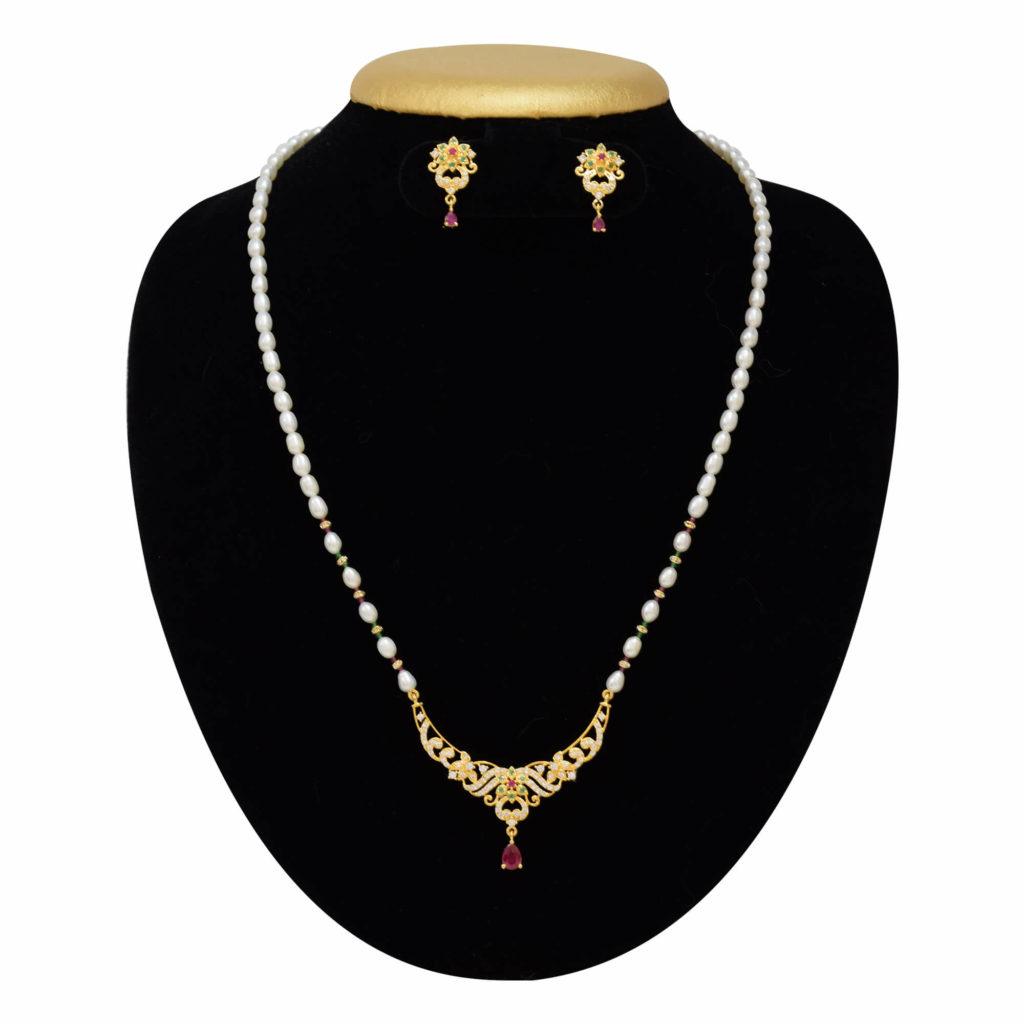 Beautiful 4mm Long White Oval Pearls Necklace Set with Mangalsutra Pendant