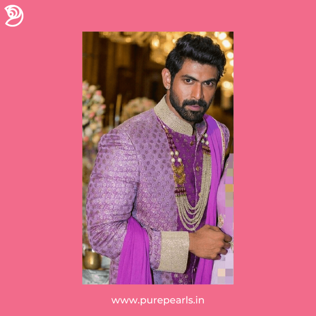 Rana Daggubati wearing pearl necklace on Indian wedding outfit