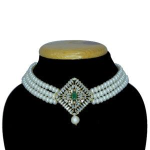 Close Up of 3 Lines Beautiful Choker Studded in American Diamonds and Semi Precious Emeralds