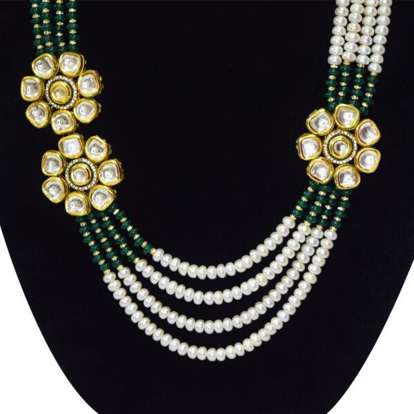 Ethnic Flower-Inspired White Pearl Necklace Set close up