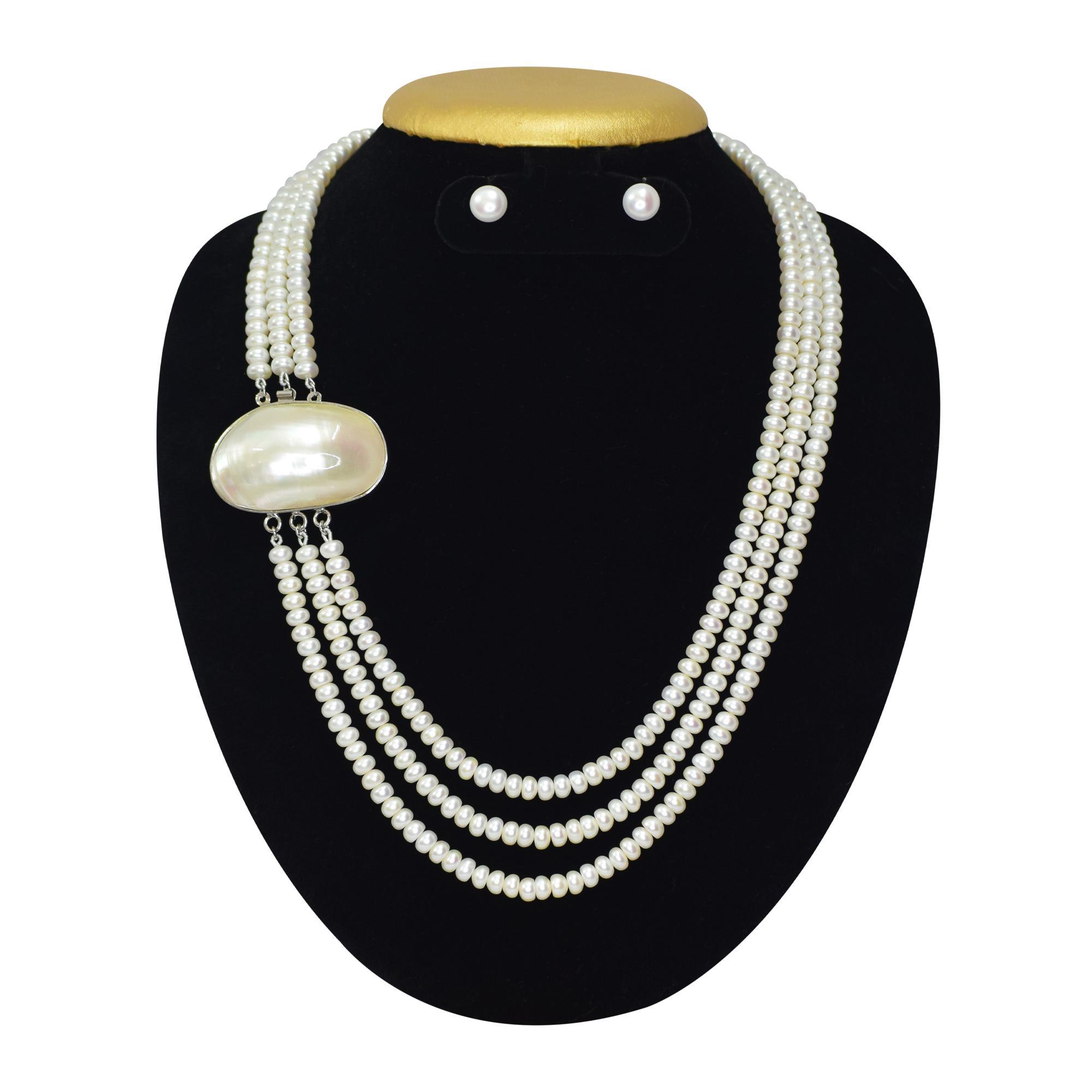 Exquisite Mother of Pearl Side Pendant 3 Row Necklace Pure Pearls
