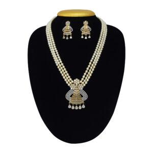 Classy 3 Lines Pearl Necklace with a Crystalline Pendant