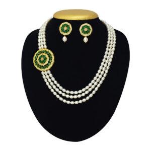 White Pearl Necklace With Emeralds SP And Lovely Side Pendant