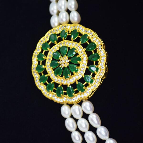White Pearl Necklace With Emeralds SP And Lovely Side Pendant close up