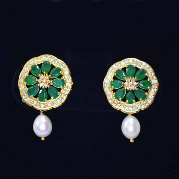 White Pearl Necklace With Emeralds SP And Lovely Side Pendant earrings