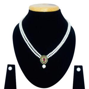 Two-row rich white pearls necklace with an elegant semi-precious Rubies & Emerald Pendant