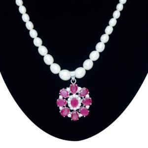 Very Graceful 10mm to 4mm Graduated Pearl Necklace with SP Ruby Pendant