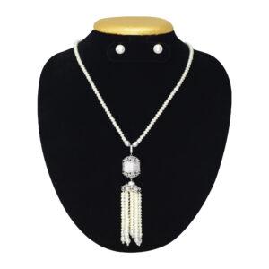 White pearls necklace featuring a very cute silver droplet studded with zircons and pearl hangings