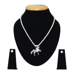 Rich white pearls necklace with a magnificent silvery Stallion inset with a mother of pearl