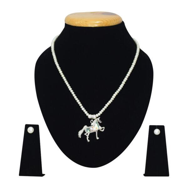 Rich white pearls necklace with a magnificent silvery Stallion inset with a mother of pearl