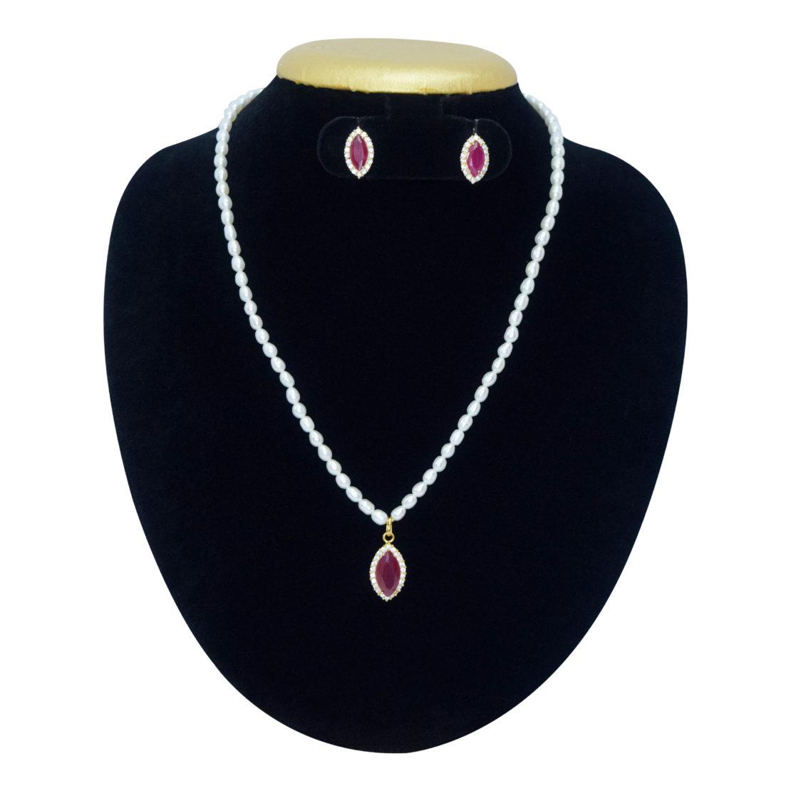 Simple White Pearl Necklace With A Sleek Pendant Studded With AD & SP