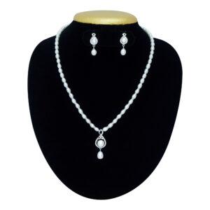 Rich white pearls necklace with a knot shaped silver finish pendant studded with Pearl & Zircon stones