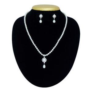 Well crafted white pearls necklace with a silver finish floral pendant studded with a big pearl & zircon stones