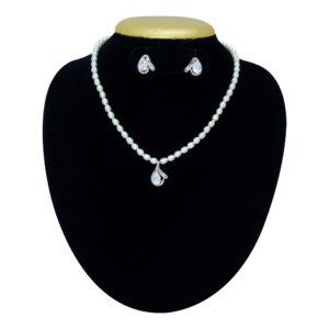 Rich white pearls necklace with a classic teardrop-shaped silver finish pendant studded with Pearl & Zircon stones