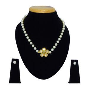 Well crafted single row round white pearl necklace with emerald cz crystals & a floral kundan pendant