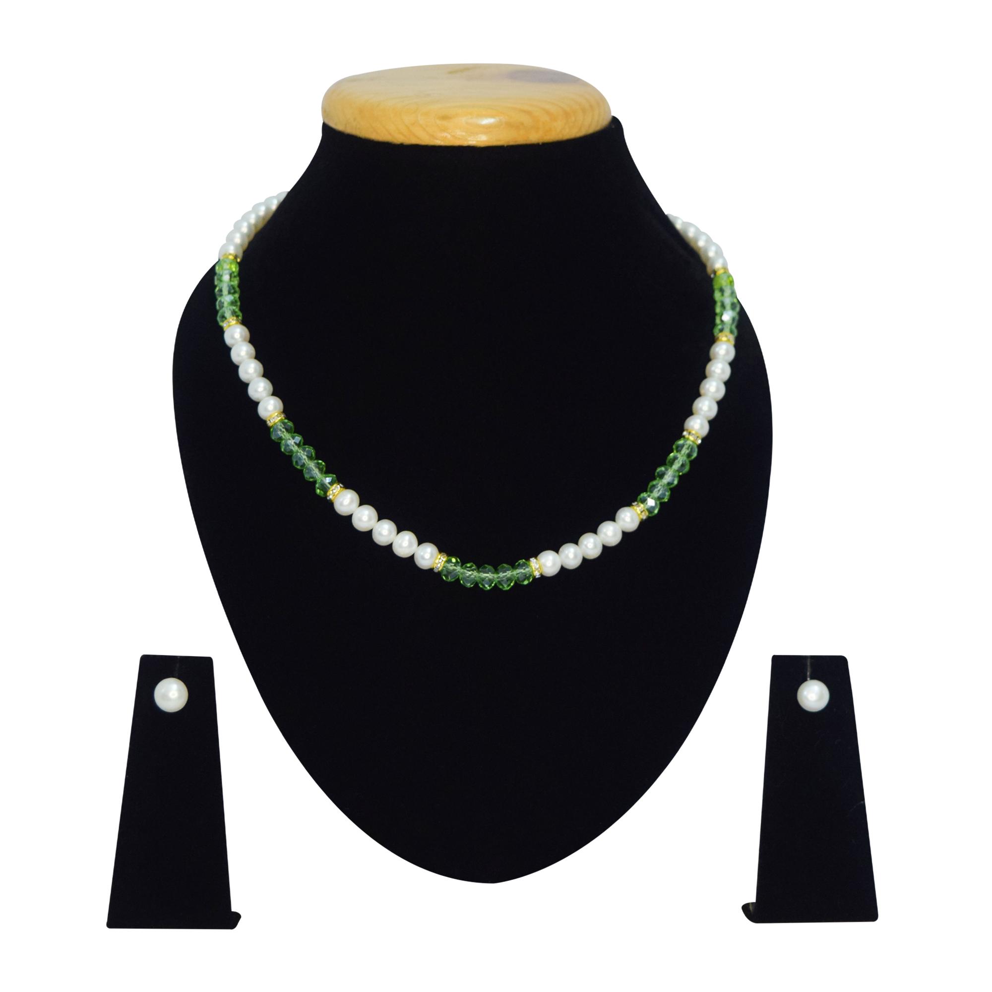 Glistening White Pearl Necklace With Green Crystals Pure Pearls